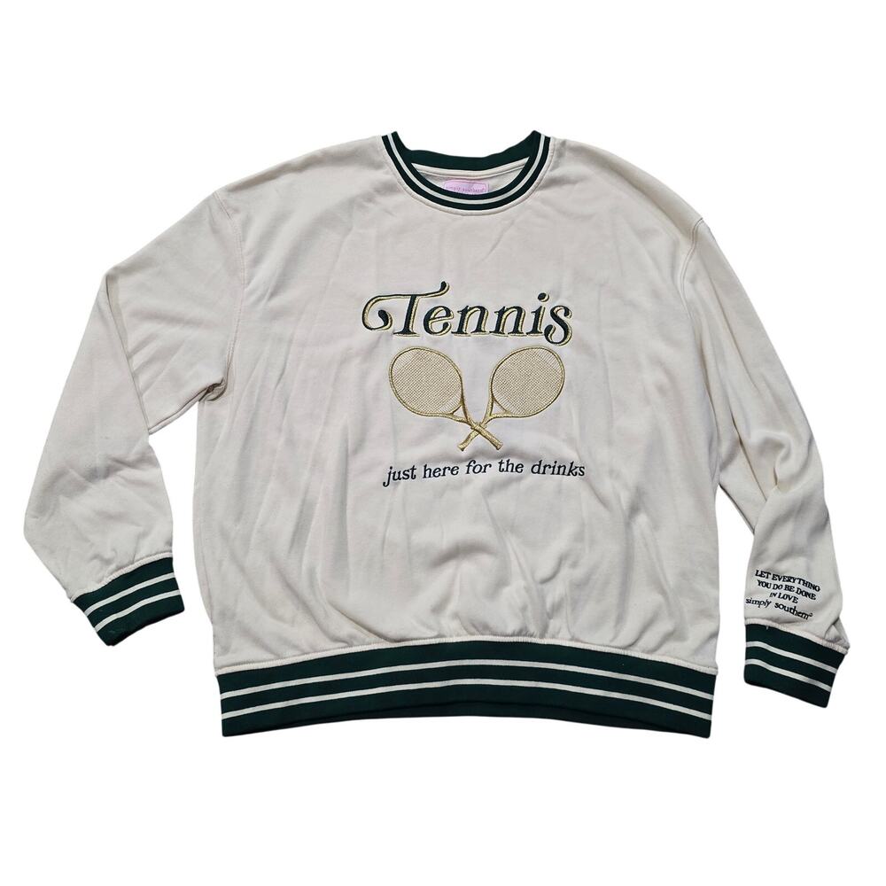 Simply Southern Tennis Varsity Crew Sweatshirt Cream Green Embroidered